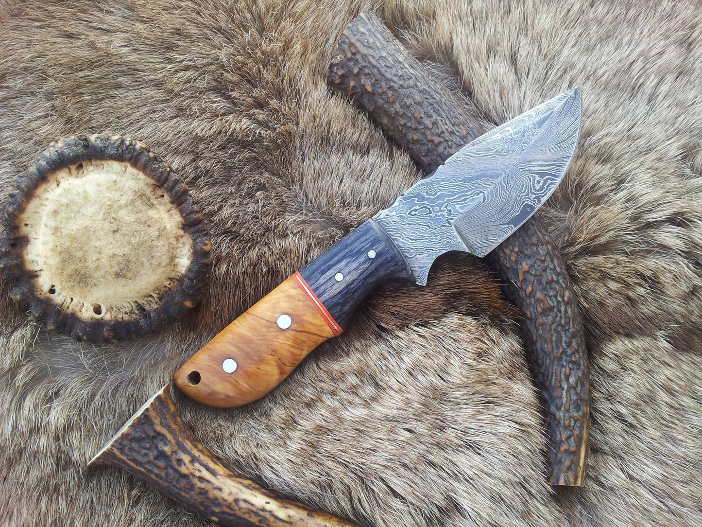 KBS Knives Custom Damascus Steel Field Dressing Deer Skinning Knife – 7 Inch Drop Point Blade with Olivewood Handle