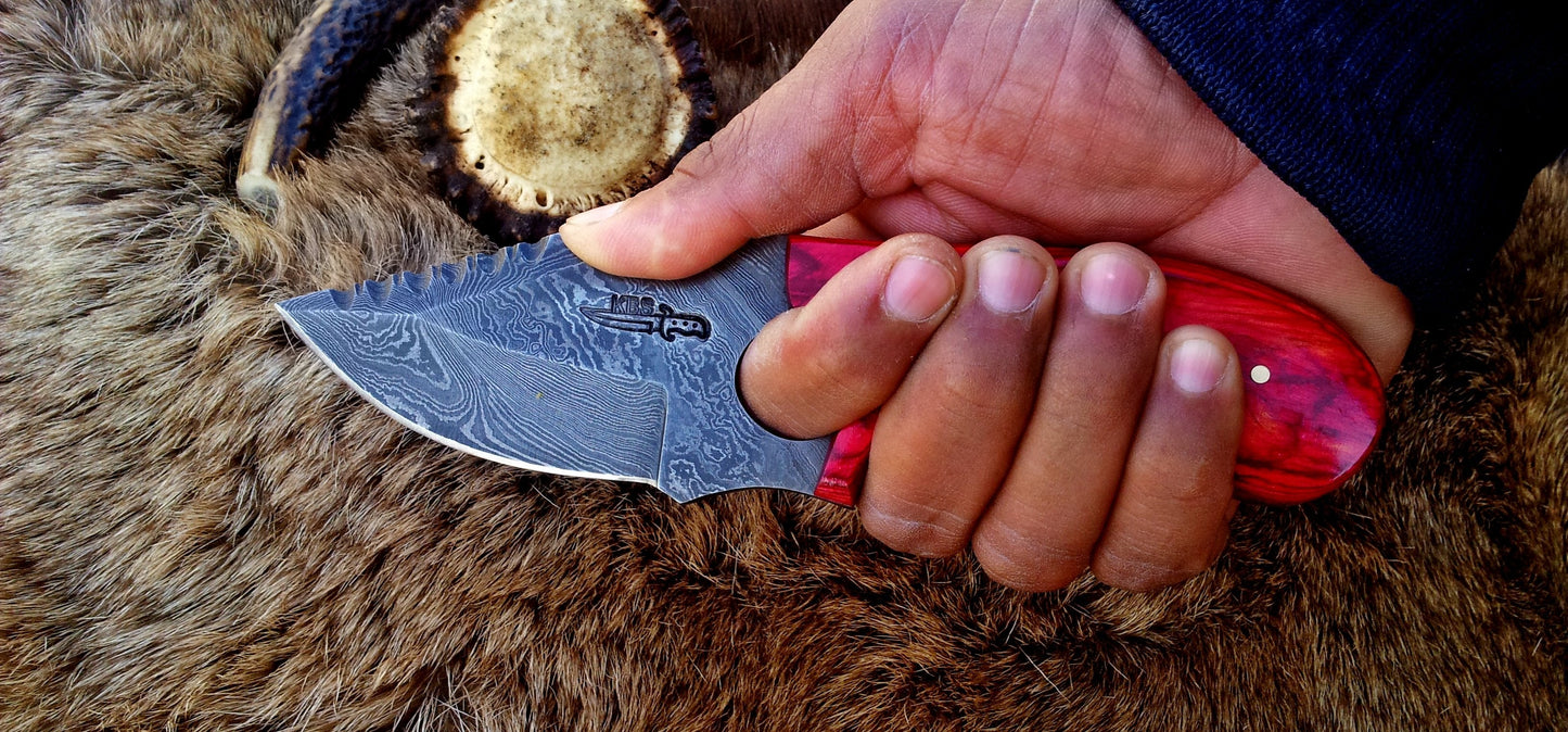 KBS Knives Custom Damascus Steel Field Dressing Deer Skinning Knife with Pakka Wood Handle – 7.5 Inch Drop Point Blade with Finger Hole