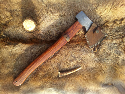 KBS Knives Handmade Custom Viking Axe with Damascus Steel Blade, Rosewood Handle, and Leather Sheath - KBS Knives Store
