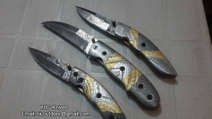 KBS Knives Everyday Carry Set of 3 Hand Engraved Damascus Steel Folding Pocket Knives with Steel and Brass Handles – The TriGuard Collection