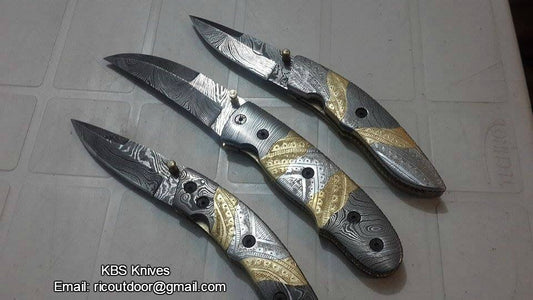 KBS Knives Everyday Carry Set of 3 Hand Engraved Damascus Steel Folding Pocket Knives with Steel and Brass Handles – The TriGuard Collection