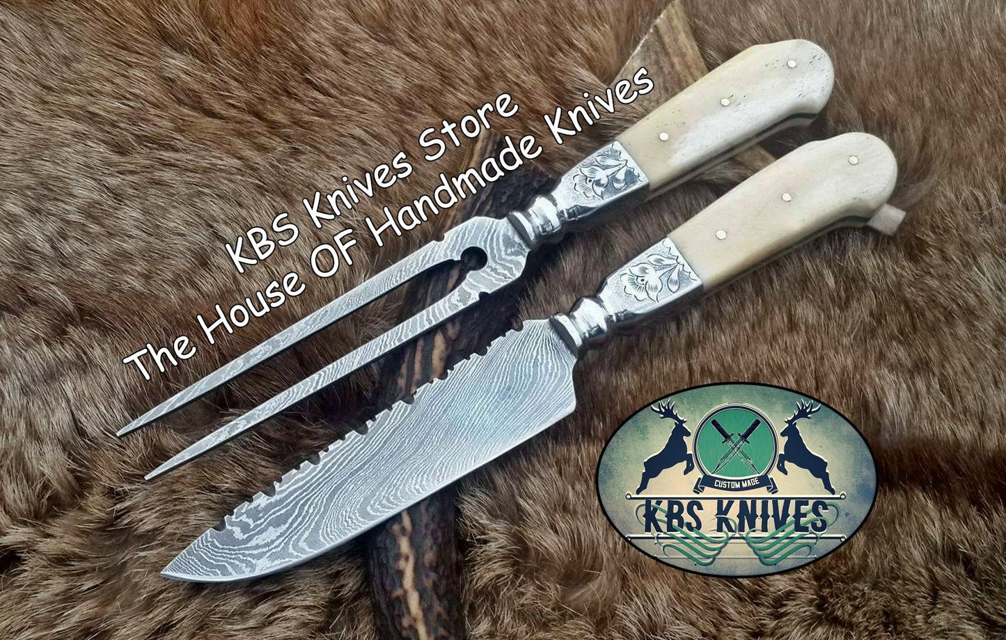KBS Knives Custom Handmade Damascus Blade Fork And BBQ Knife Set
