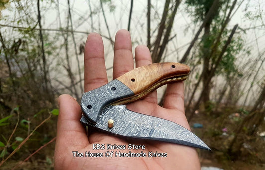 KBS Knives Custom Handmade Damascus Steel Blade EDC Folding Pocket Knife
