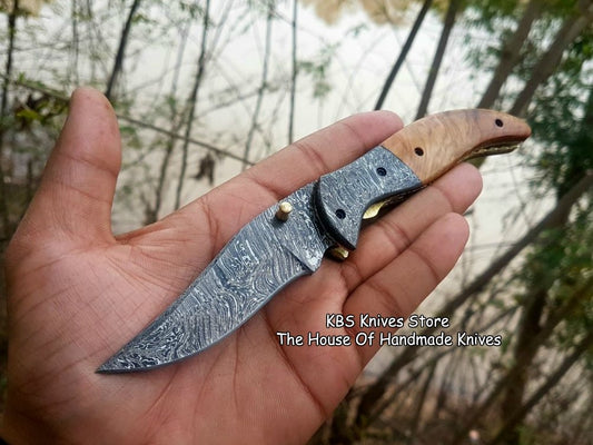 KBS Knives Custom Handmade Damascus Steel Blade EDC Folding Pocket Knife