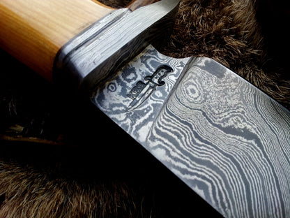 KBS Knives Custom Handmade Damascus Hunting Knife | Olivewood Handle with Damascus Guard | 12 Inches | Leather Sheath | KBS Knives