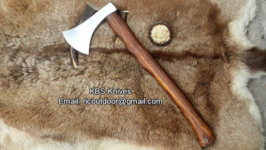 KBS Knives Handmade Custom Viking Axe with 1095 High Carbon Steel Blade, Rosewood Handle, and Leather Sheath - KBS Knives Store