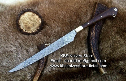 KBS Knives Handmade Damascus Steel Flay Knife with Rosewood Handle