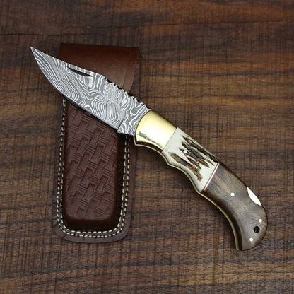 KBS Knives Custom Handmade Damascus Steel Folding Pocket Knife with Rosewood, Antler Horn, and Brass Bolster Handle and Leather Case