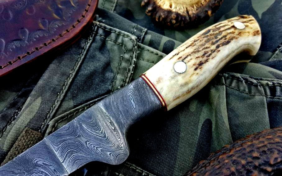 KBS Knives Handmade Damascus Steel Fillet Boning Knife with Antler Horn and Damascus Bolster Handle