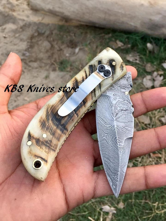 KBS Knives Damascus Steel Handmade Folding Knife