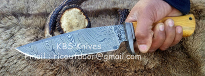 KBS Knives Custom Handmade Damascus Hunting Knife | Olivewood Handle with Damascus Guard | 12 Inches | Leather Sheath | KBS Knives