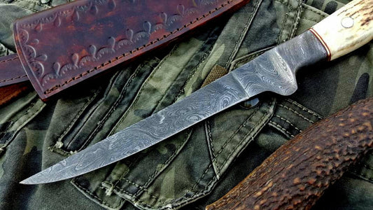 KBS Knives Handmade Damascus Steel Fillet Boning Knife with Antler Horn and Damascus Bolster Handle