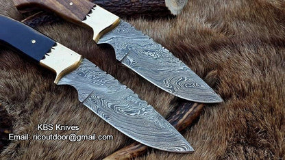 KBS Knives Deal of 2 Custom Handmade 9-Inch Damascus Fixed-Blade Hunting Knives - Rosewood & Buffalo Horn | KBS Knives Store