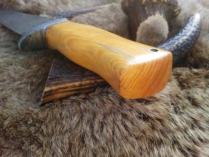 KBS Knives Custom Handmade Damascus Hunting Knife | Olivewood Handle with Damascus Guard | 12 Inches | Leather Sheath | KBS Knives