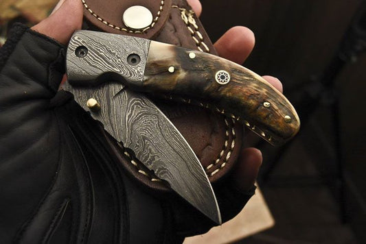 KBS Knives Everyday Carry Damascus Steel Folding Pocket Knife - Sheep Horn Handle