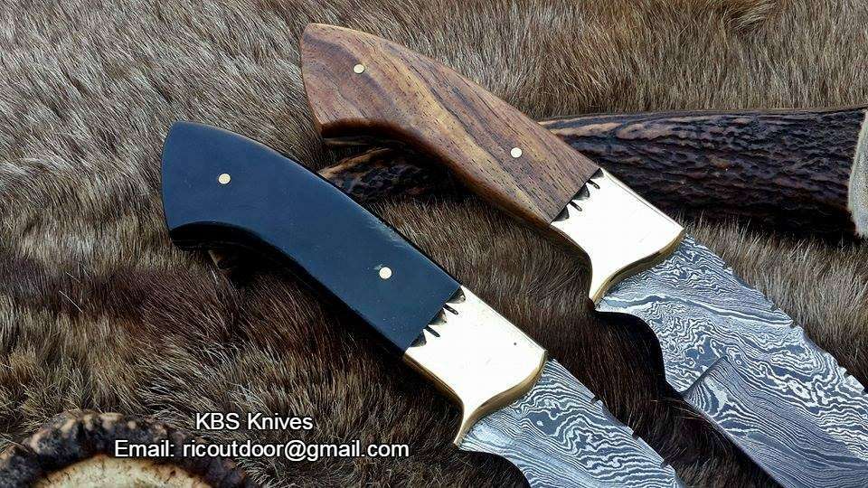 KBS Knives Deal of 2 Custom Handmade 9-Inch Damascus Fixed-Blade Hunting Knives - Rosewood & Buffalo Horn | KBS Knives Store