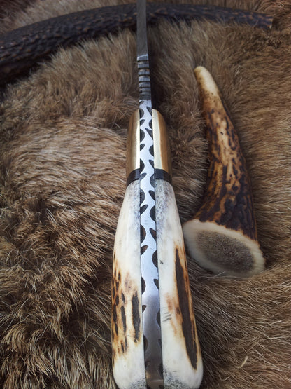 KBS Knives Custom Damascus Steel Field Dressing Deer Skinny Knife – 7.25 Inch Drop Point Blade with Antler Horn Handle and Brass Bolster