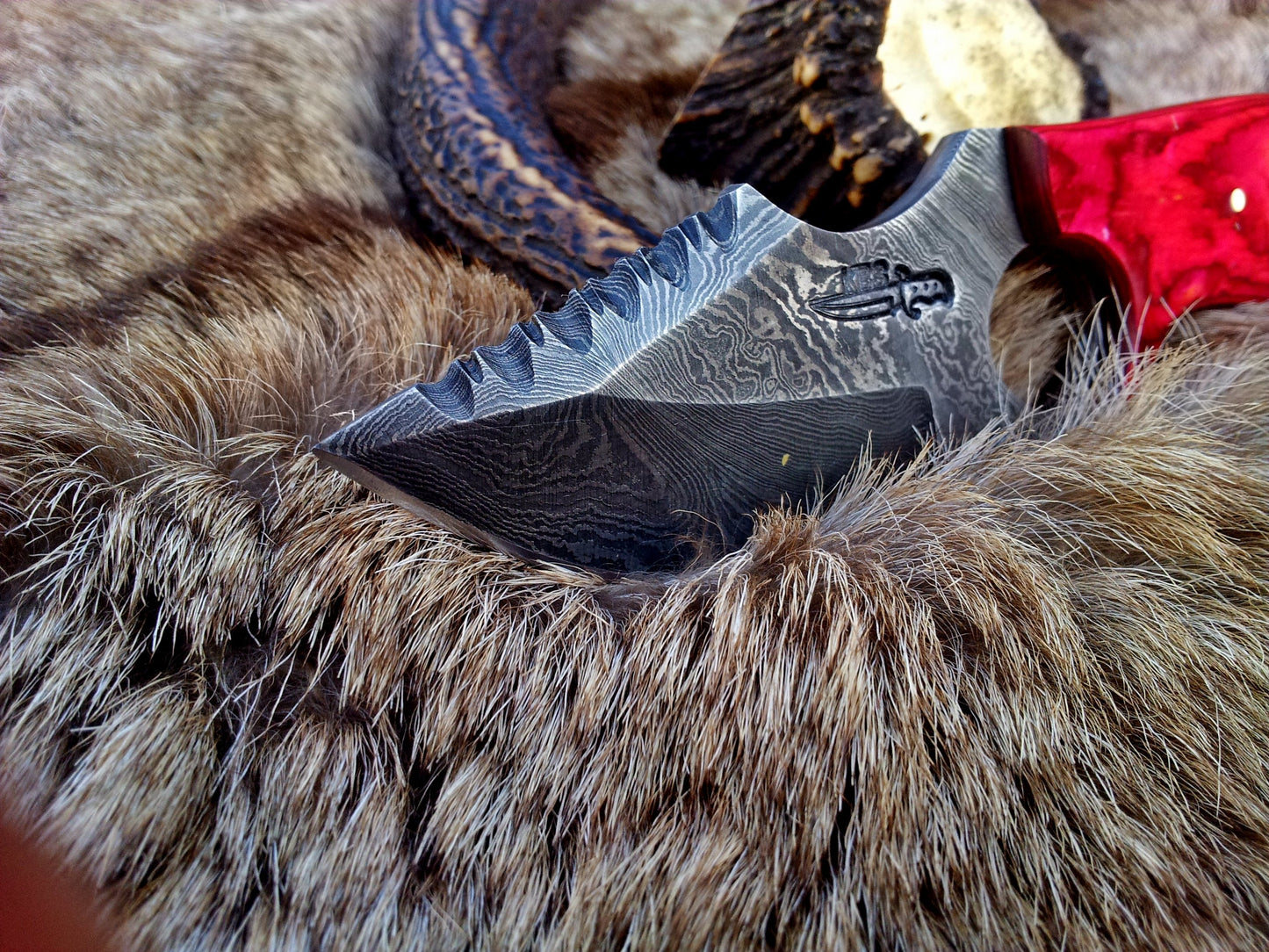 KBS Knives Custom Damascus Steel Field Dressing Deer Skinning Knife with Pakka Wood Handle – 7.5 Inch Drop Point Blade with Finger Hole