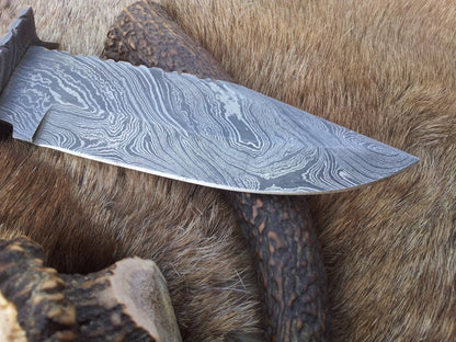 KBS Knives The Hunter's Choice: Custom Handmade Damascus Hunting Knife | Color Bone & Buffalo Horn | 11 Inches | Leather Sheath | KBS Knives