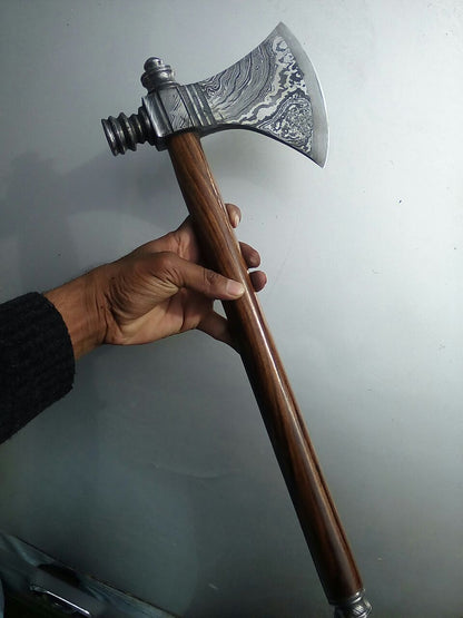 KBS Knives Damascus Steel Handmade Custom Viking Smoke Pine Tomahawk Axe with Rosewood Handle and Leather Sheath - By KBS Knives Store