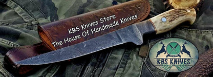 KBS Knives Handmade Damascus Steel Fillet Boning Knife with Antler Horn and Damascus Bolster Handle