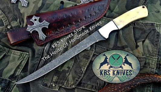 KBS Knives KBS Knives Store Handmade Damascus Steel Fillet Boning Knife with Bone and Steel Bolster Handle and Leather Sheath