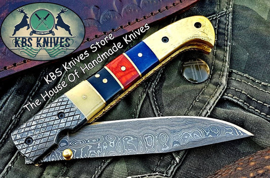 KBS Knives Custom Handmade Damascus Blade Folding Pocket Knife