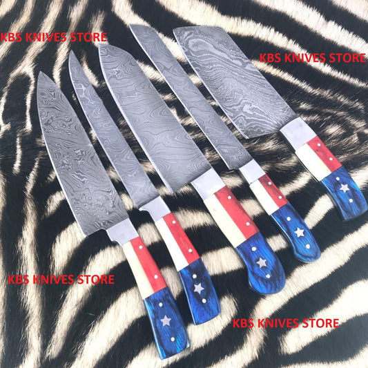 KBS Knives Damascus steel handmade flag handle kitchen knives set