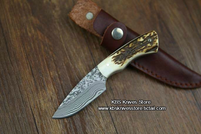 KBS Knives Custom Handmade Twist Damascus New Zealand Red Stag Hunting Skinning Knife