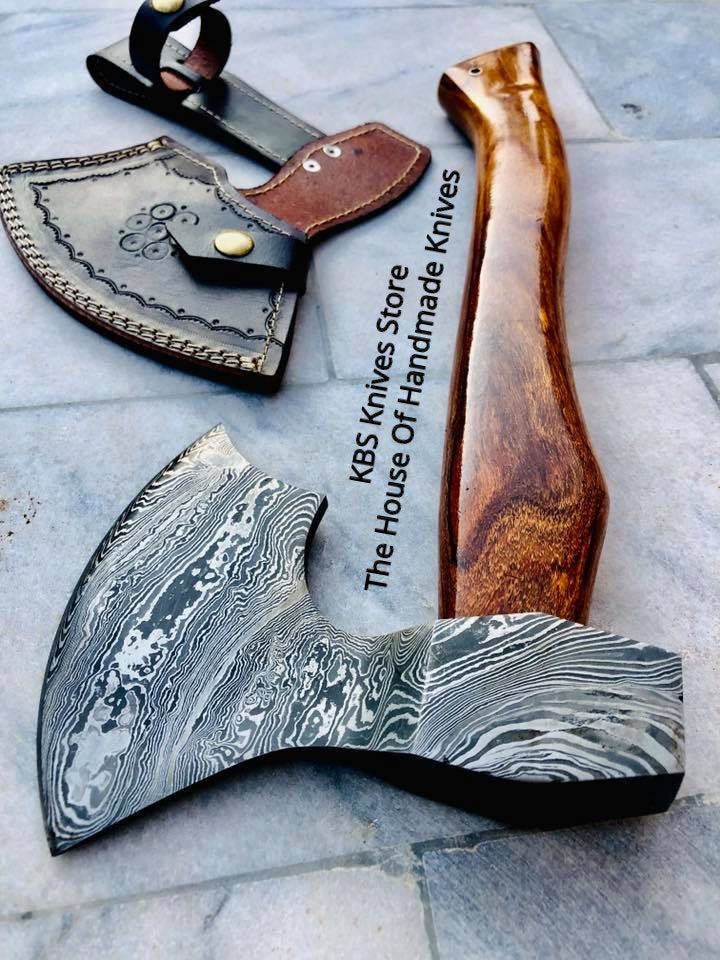 KBS Knives Handmade Custom Viking Axe with Damascus Steel Blade and Rosewood Handle, Leather Sheath Included - By KBS Knives Store