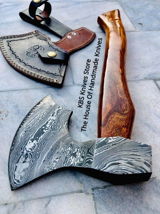 KBS Knives Handmade Custom Viking Axe with Damascus Steel Blade and Rosewood Handle, Leather Sheath Included - By KBS Knives Store