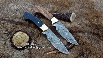 KBS Knives Deal of 2 Custom Handmade 9-Inch Damascus Fixed-Blade Hunting Knives - Rosewood & Buffalo Horn | KBS Knives Store