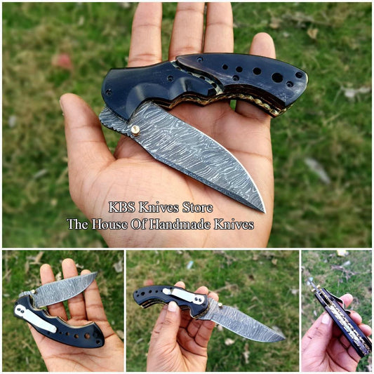 KBS Knives Custom Handmade Damascus Blade EDC Folding Pocket Knife With Pocket Clip