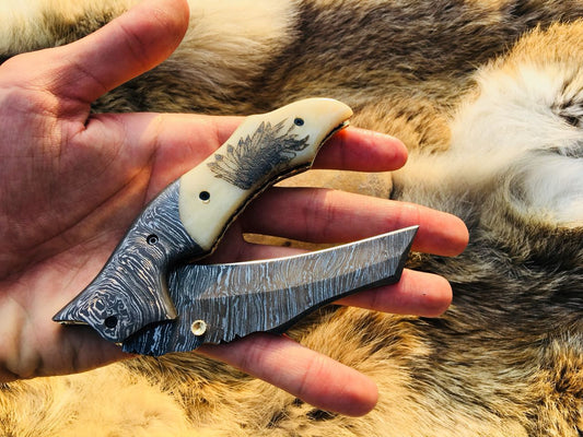 KBS Knives Custom Handmade Damascus Steel Engraved Folding Pocket Knife with Hand Engraved Bone Handle and Leather Case by KBS Knives Store