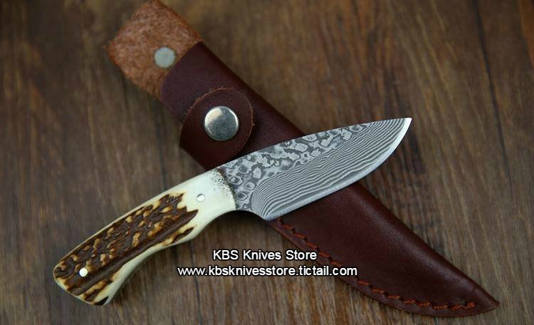 KBS Knives Custom Handmade Twist Damascus New Zealand Red Stag Hunting Skinning Knife