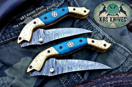 KBS Knives Custom Handmade Damascus Steel Folding Pocket Knives ( Deal )