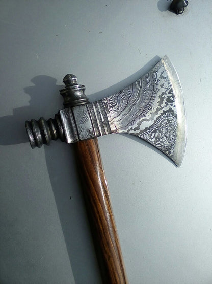 KBS Knives Damascus Steel Handmade Custom Viking Smoke Pine Tomahawk Axe with Rosewood Handle and Leather Sheath - By KBS Knives Store