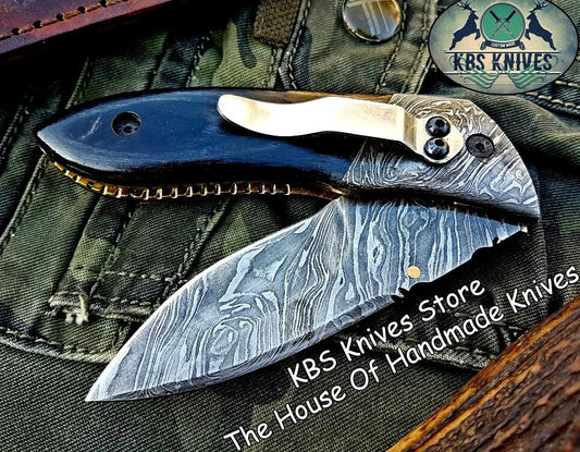 KBS Knives Custom Handmade Damascus Steel Folding Knife With Pocket Clip