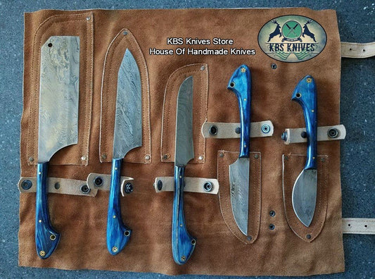 KBS Knives Meat Processing Kit – 5-Piece Damascus Steel Knife Set with Leather Roll