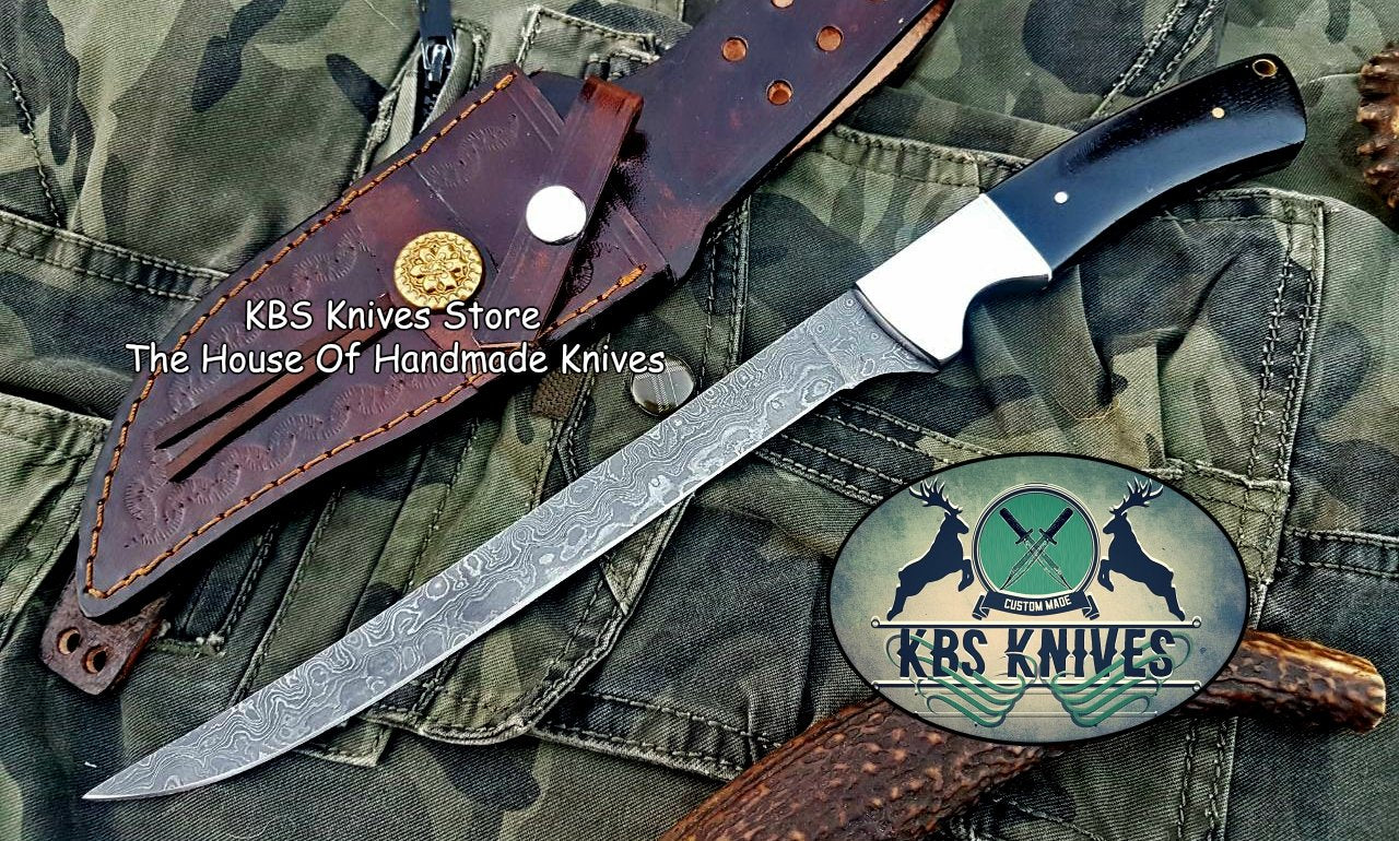 KBS Knives Damascus Steel handmade Fillet Boning Knife With Black Micarta and Steel Bolster handle, Overall length 13 inches