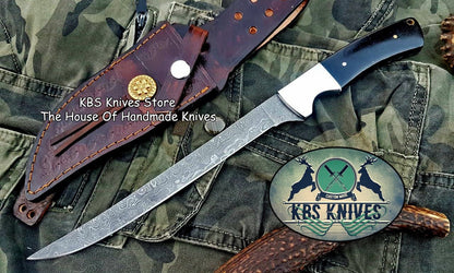 KBS Knives Damascus Steel handmade Fillet Boning Knife With Black Micarta and Steel Bolster handle, Overall length 13 inches
