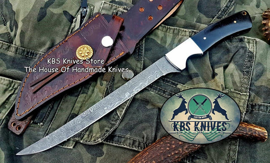 KBS Knives Damascus Steel handmade Fillet Boning Knife With Black Micarta and Steel Bolster handle, Overall length 13 inches