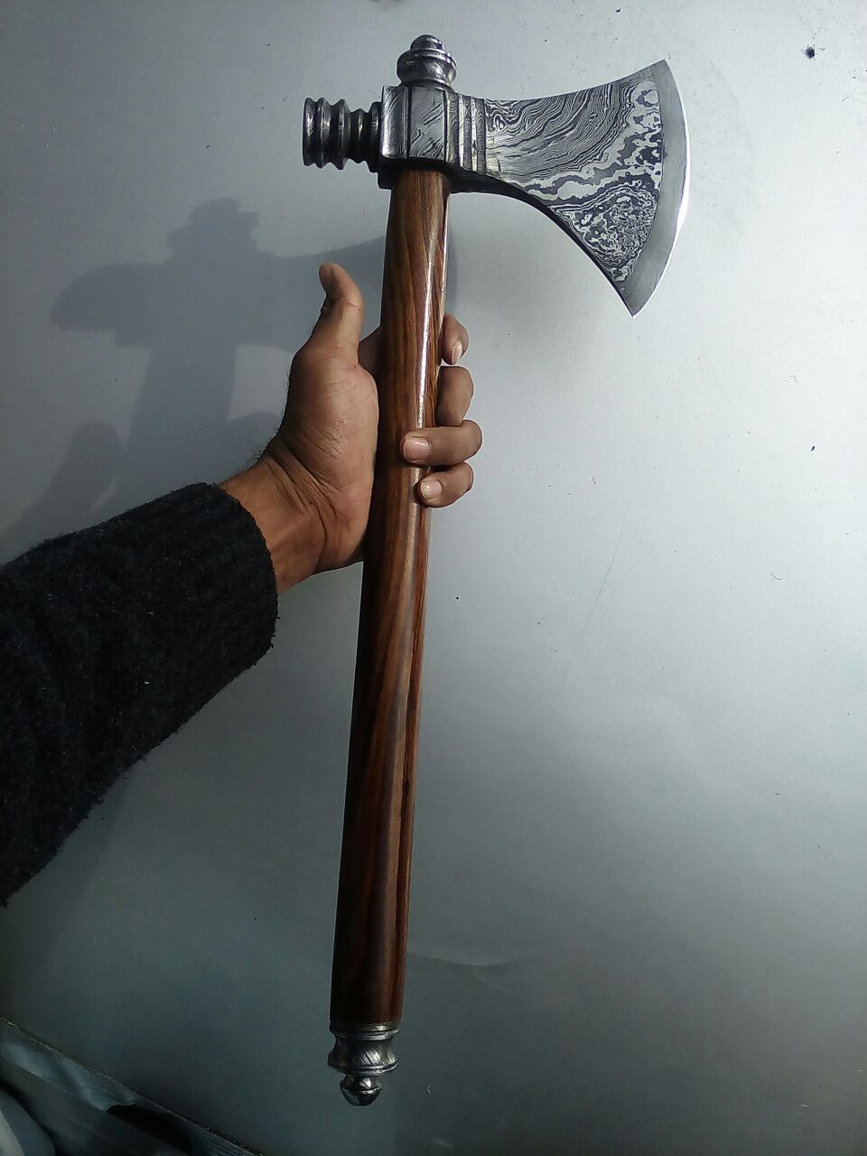 KBS Knives Damascus Steel Handmade Custom Viking Smoke Pine Tomahawk Axe with Rosewood Handle and Leather Sheath - By KBS Knives Store