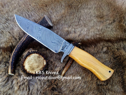 KBS Knives Custom Handmade Damascus Hunting Knife | Olivewood Handle with Damascus Guard | 12 Inches | Leather Sheath | KBS Knives
