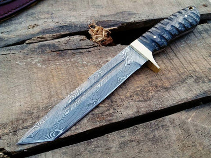 KBS Knives Handcrafted Tanto Hunting Knife in Damascus Steel with Blood Groove