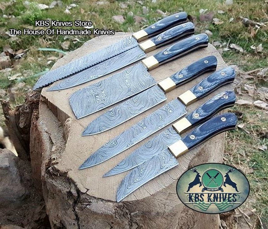 KBS Knives Full Tang Custom Handmade Damascus Steel Kitchen Knives Set