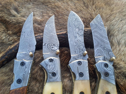 KBS Knives Everyday Carry Deal of 3 Damascus Steel Folding Pocket Knives with Bone and Burl Olivewood Handles – The Trio Edge