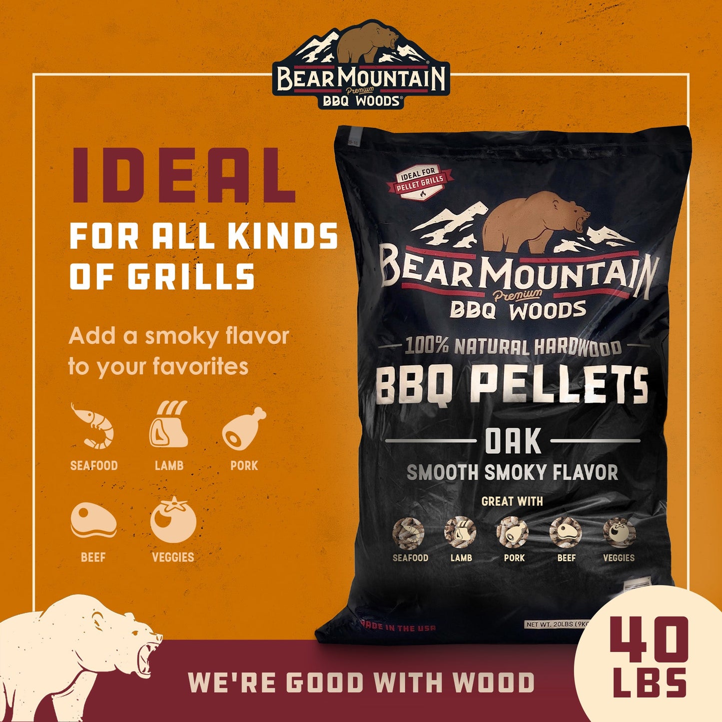 Bear Mountain BBQ All Natural Hardwood Oak BBQ Smoker Pellets, 20 lbs (2 Pack)