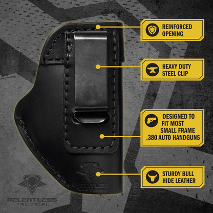 Relentless Tactical The Defender Leather IWB Holster - Fits Ruger LCP, LCP2, Sig P238, P290, S&W Bodyguard .380 and Most .380's - Lifetime Warranty - Made in USA