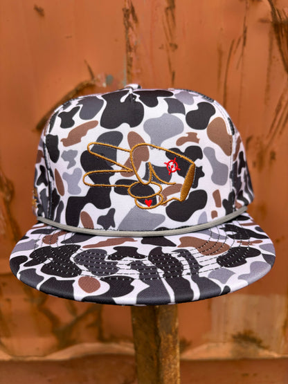 Hustlin Hippie PL Series 5 Panel Snapback Hat w/Rope- CAMO- BROWN LOGO w/ Bold Style